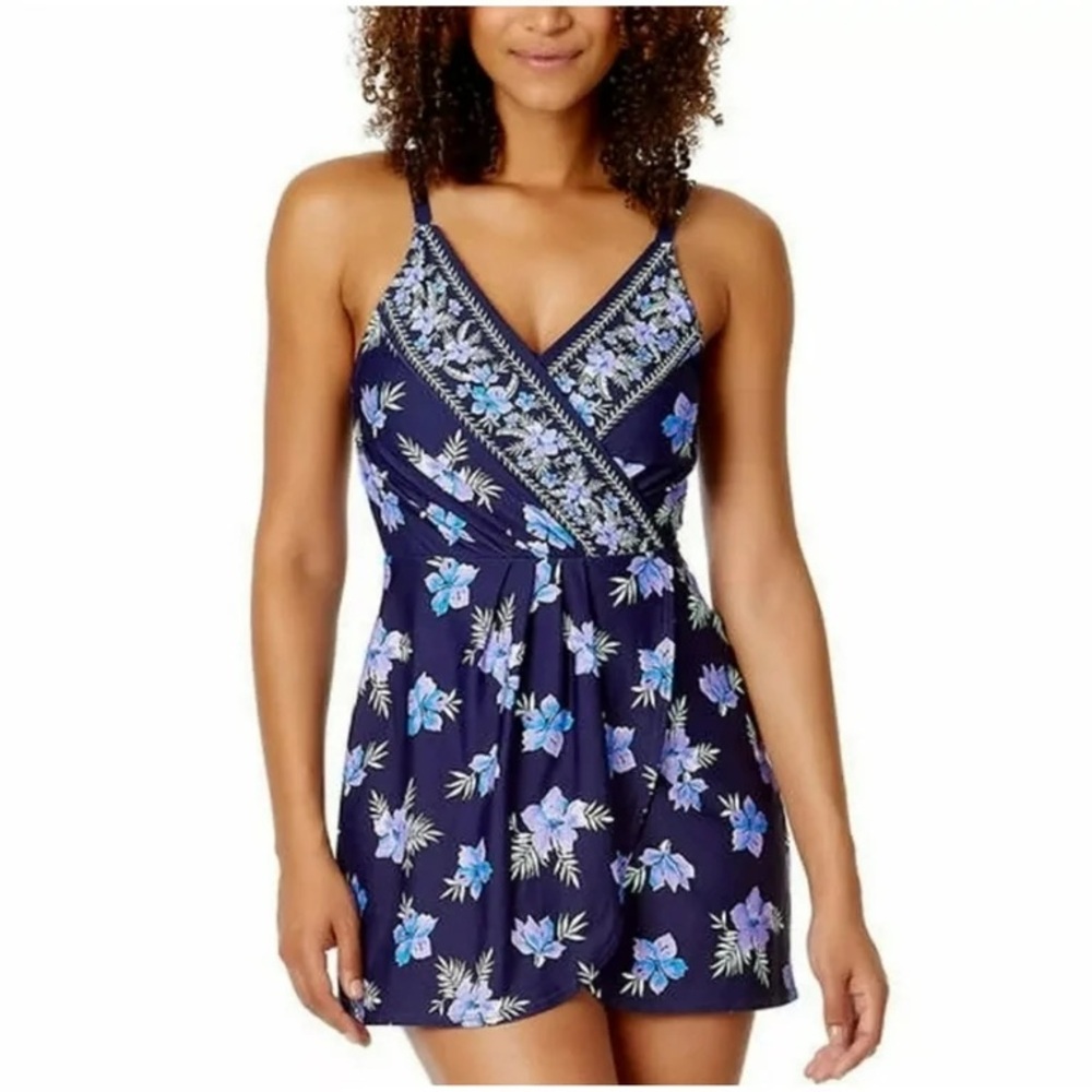 Lands End UPF 50 Blue Tulip Lined Swim Wrap Dress Swimsuit Medium